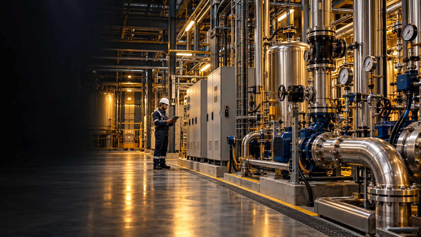 Engineer with a tablet beside industrial cabinets, pumps and stainless-steel piping.