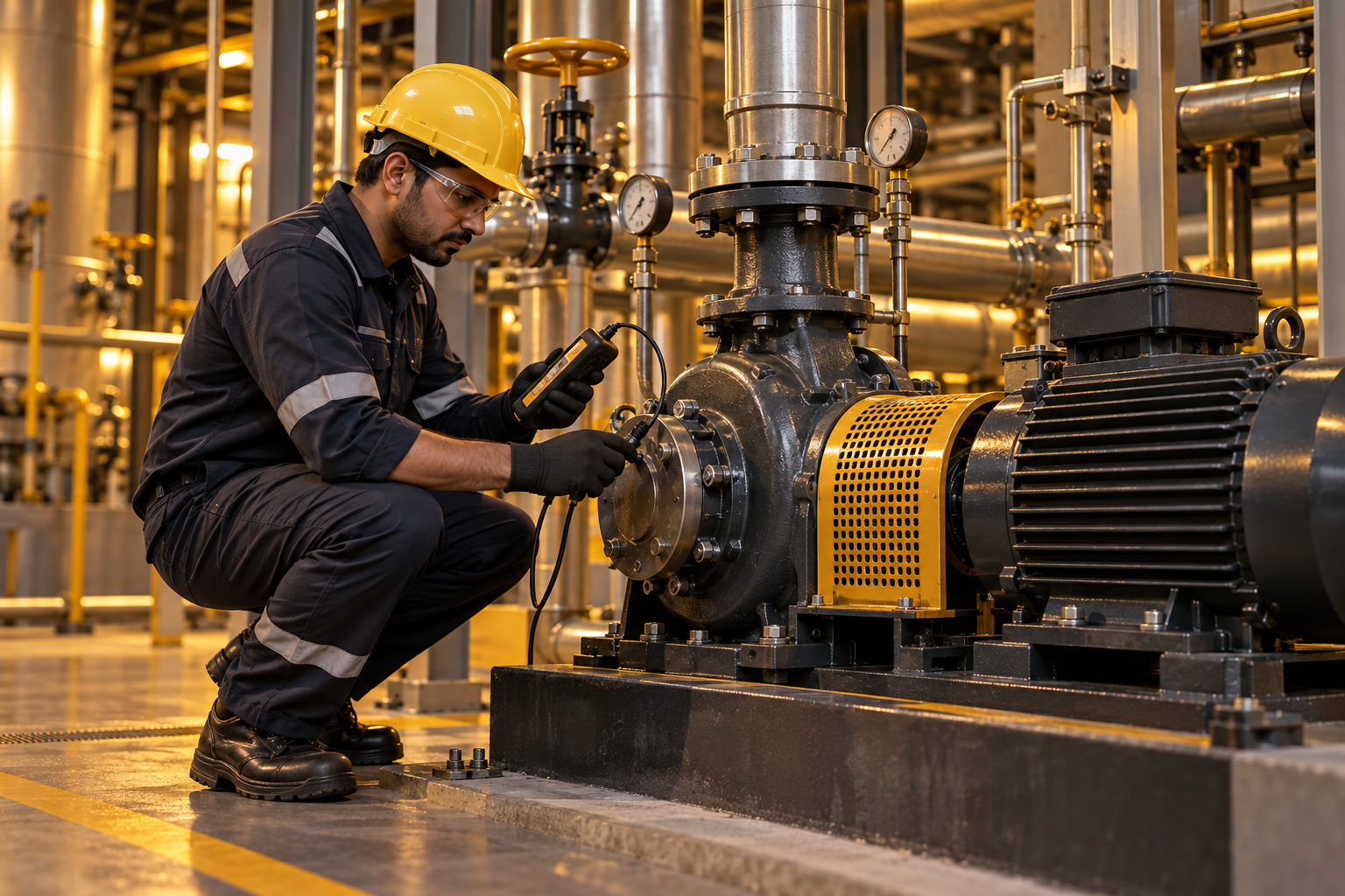 Technician checks an industrial pump beside an electric motor using a handheld instrument.