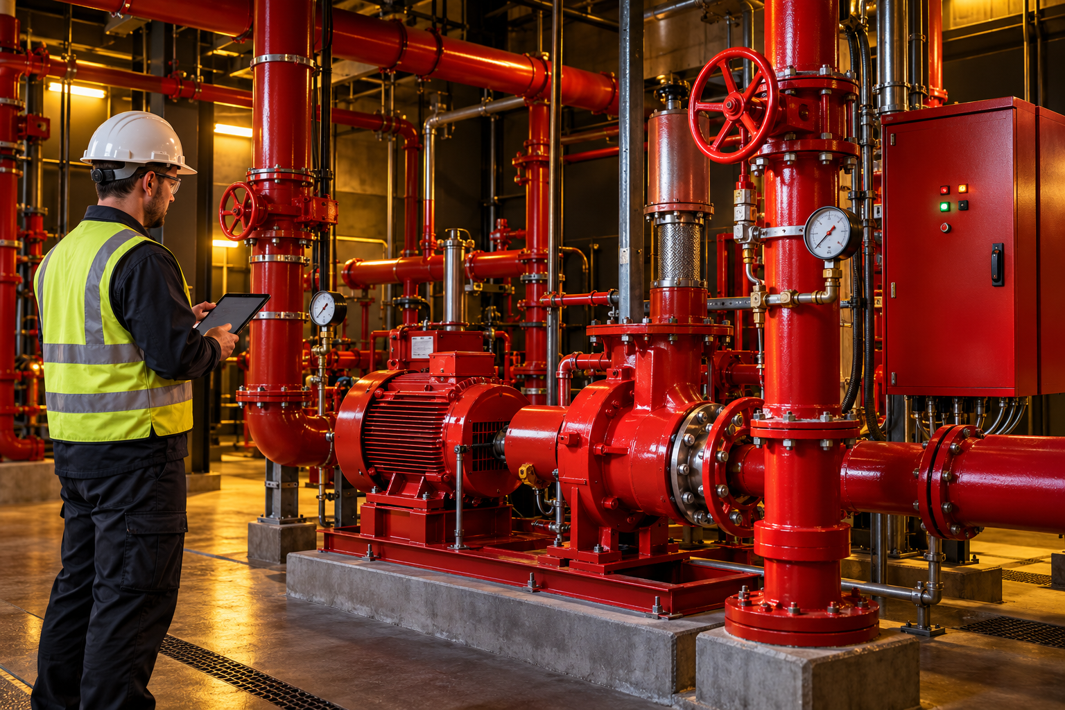 Safety technician inspects red fire protection piping, a fire pump and control cabinet.