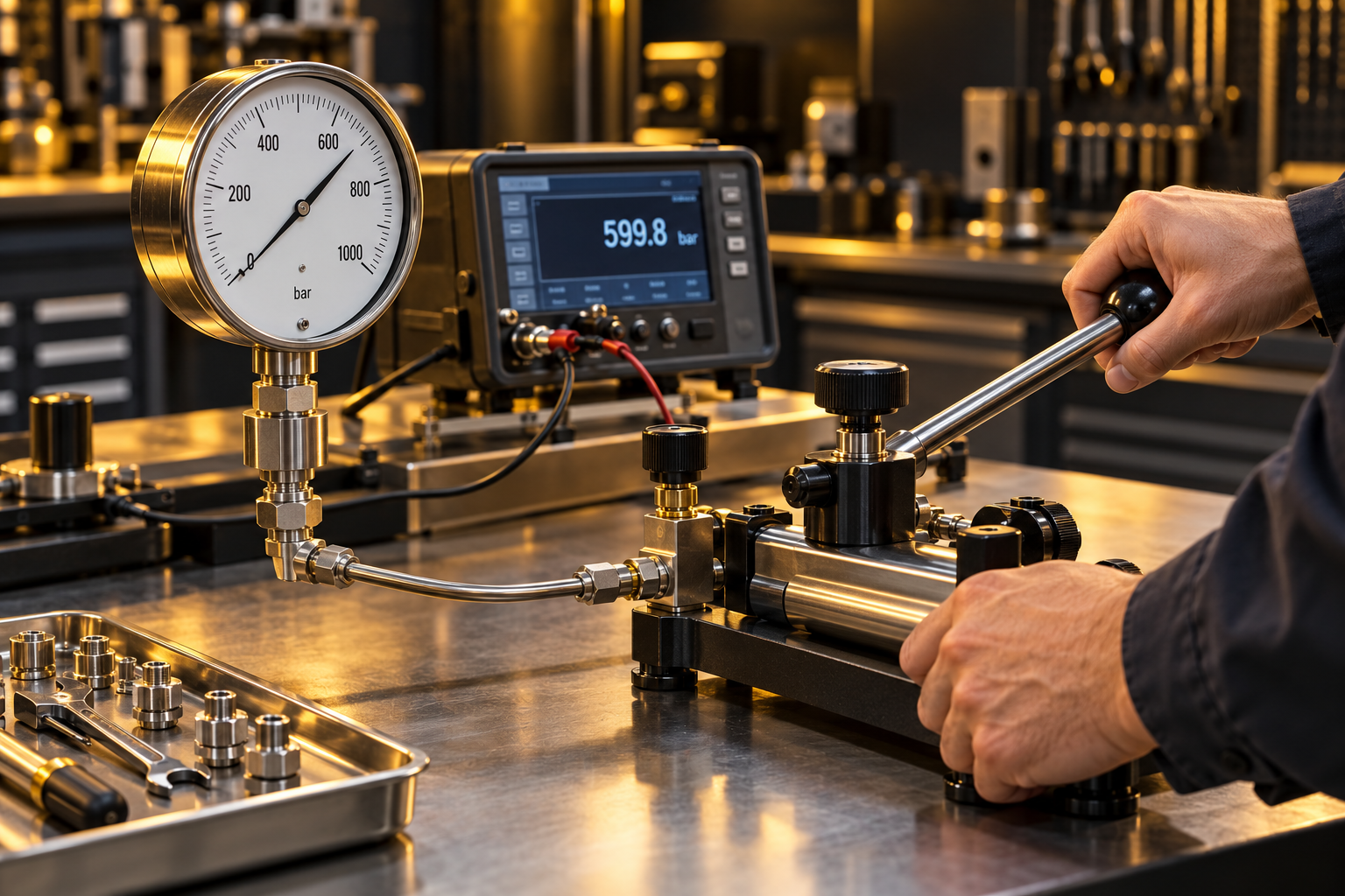 Technician operates a pressure calibration pump beside an analogue gauge and digital reference instrument.
